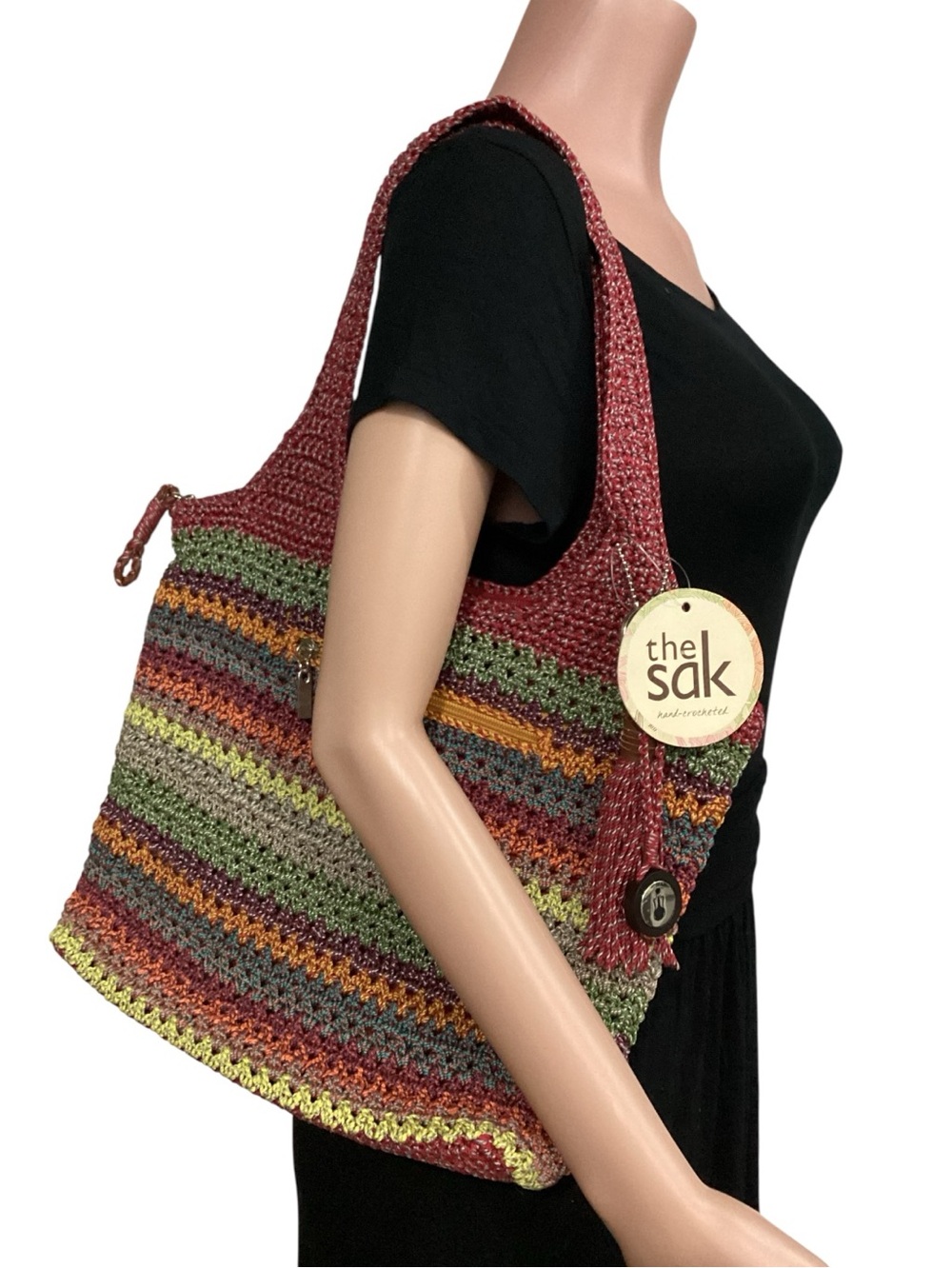 The Sak NWT Multicolor Crochet Tassel Gypsy Shoulder Bag Rainbow Striped